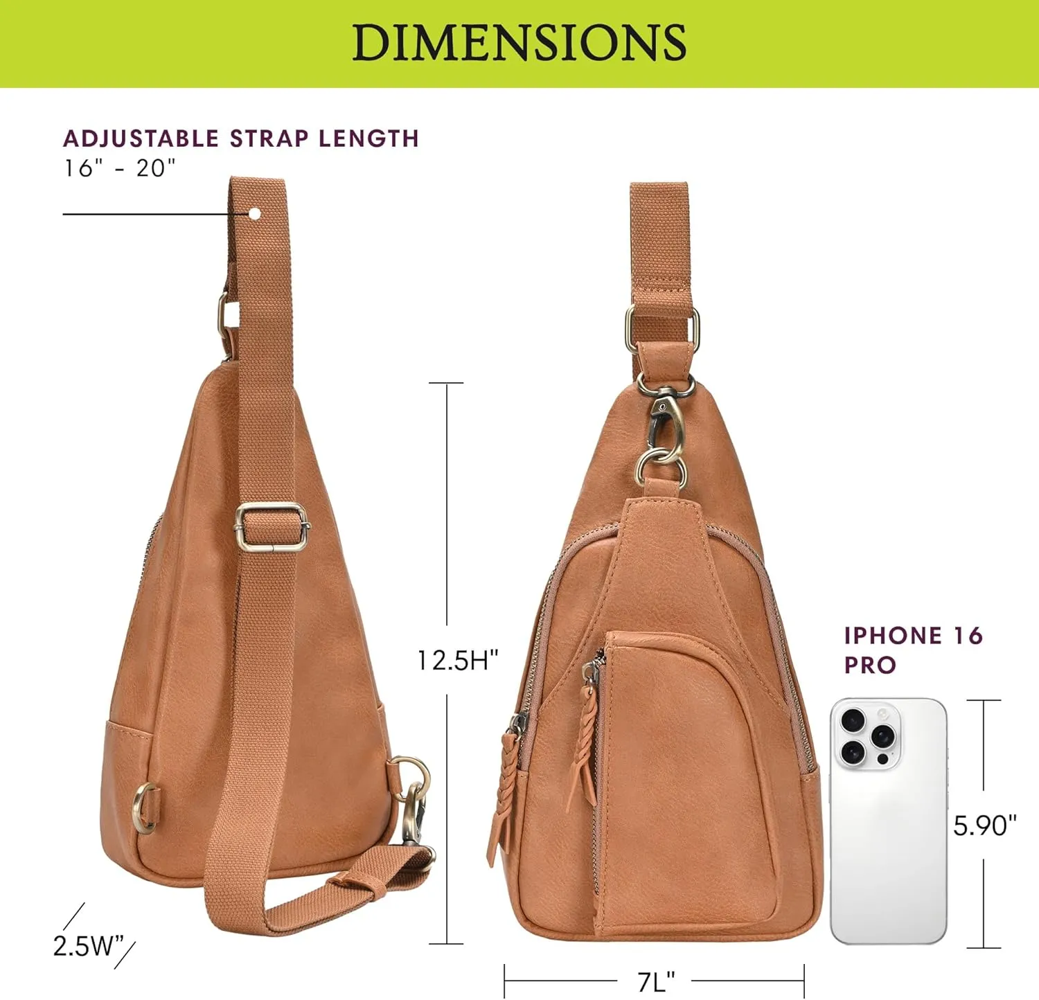 Antik Kraft Tasha Crossbody Sling (Camel) | Vegan Leather Crossbody Bag for Women with 16-20" Strap | Sling Bags for Women with Durable Antique Brass Hardware | 7in x 2.5in x 12.5in |
