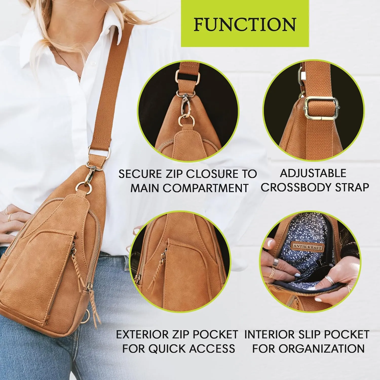 Antik Kraft Tasha Crossbody Sling (Camel) | Vegan Leather Crossbody Bag for Women with 16-20" Strap | Sling Bags for Women with Durable Antique Brass Hardware | 7in x 2.5in x 12.5in |