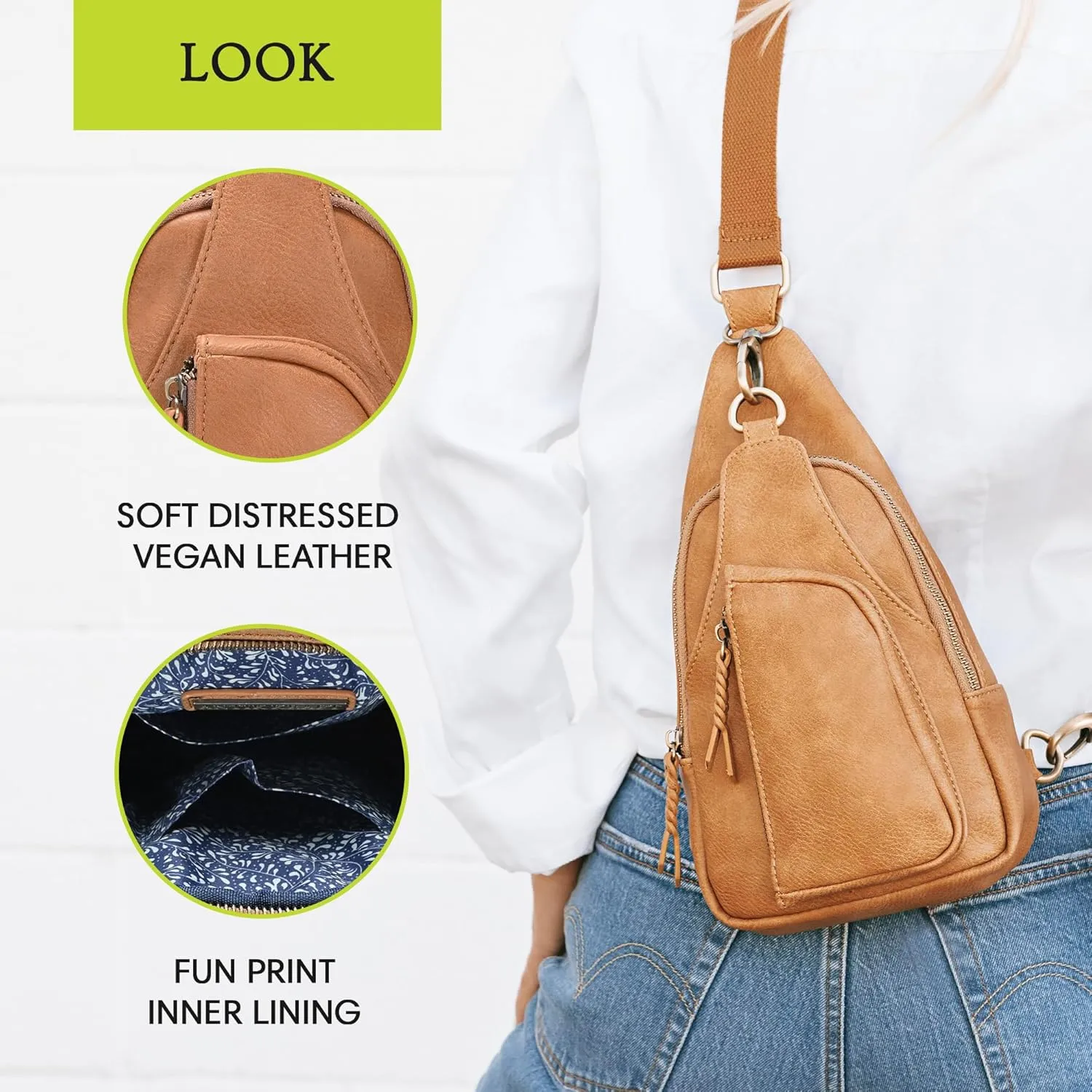 Antik Kraft Tasha Crossbody Sling (Camel) | Vegan Leather Crossbody Bag for Women with 16-20" Strap | Sling Bags for Women with Durable Antique Brass Hardware | 7in x 2.5in x 12.5in |