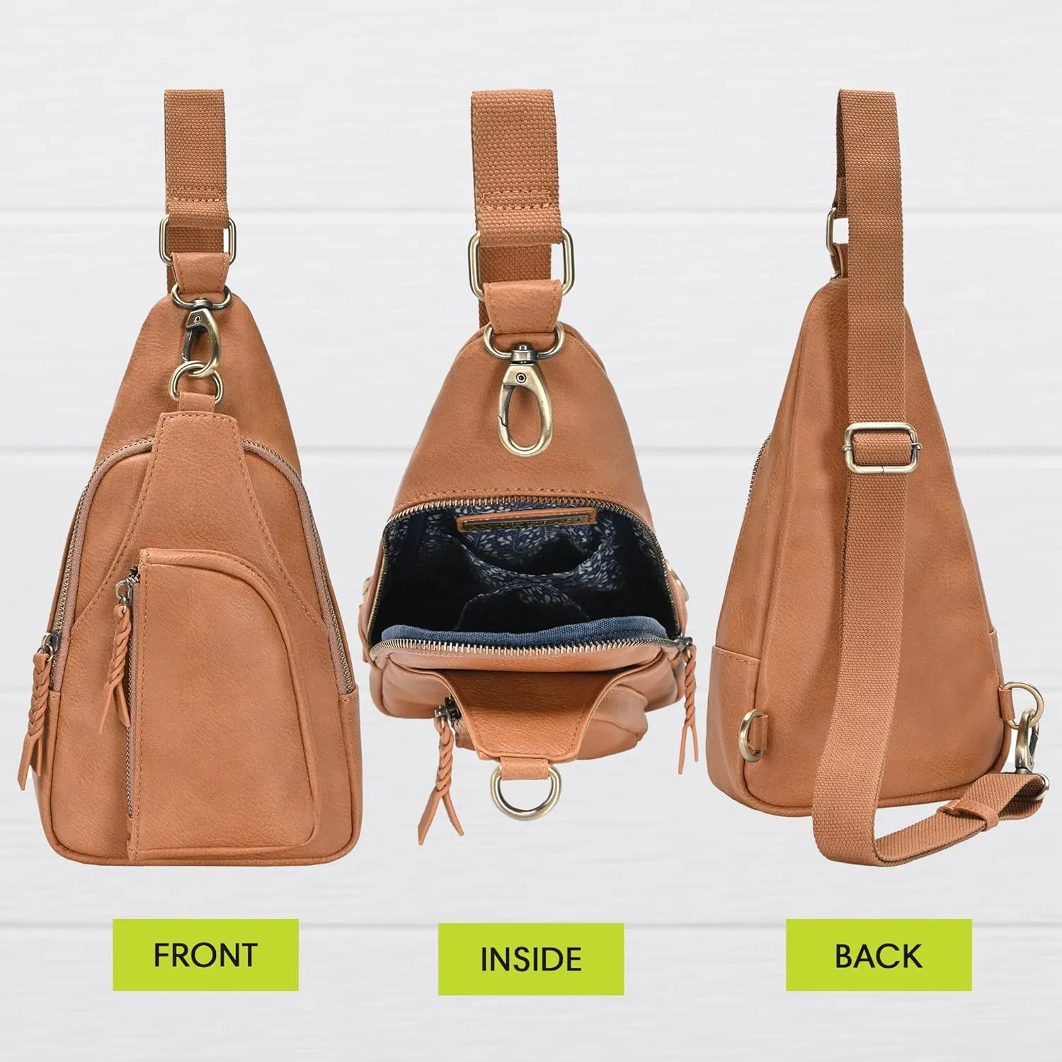 Antik Kraft Tasha Crossbody Sling (Camel) | Vegan Leather Crossbody Bag for Women with 16-20" Strap | Sling Bags for Women with Durable Antique Brass Hardware | 7in x 2.5in x 12.5in |