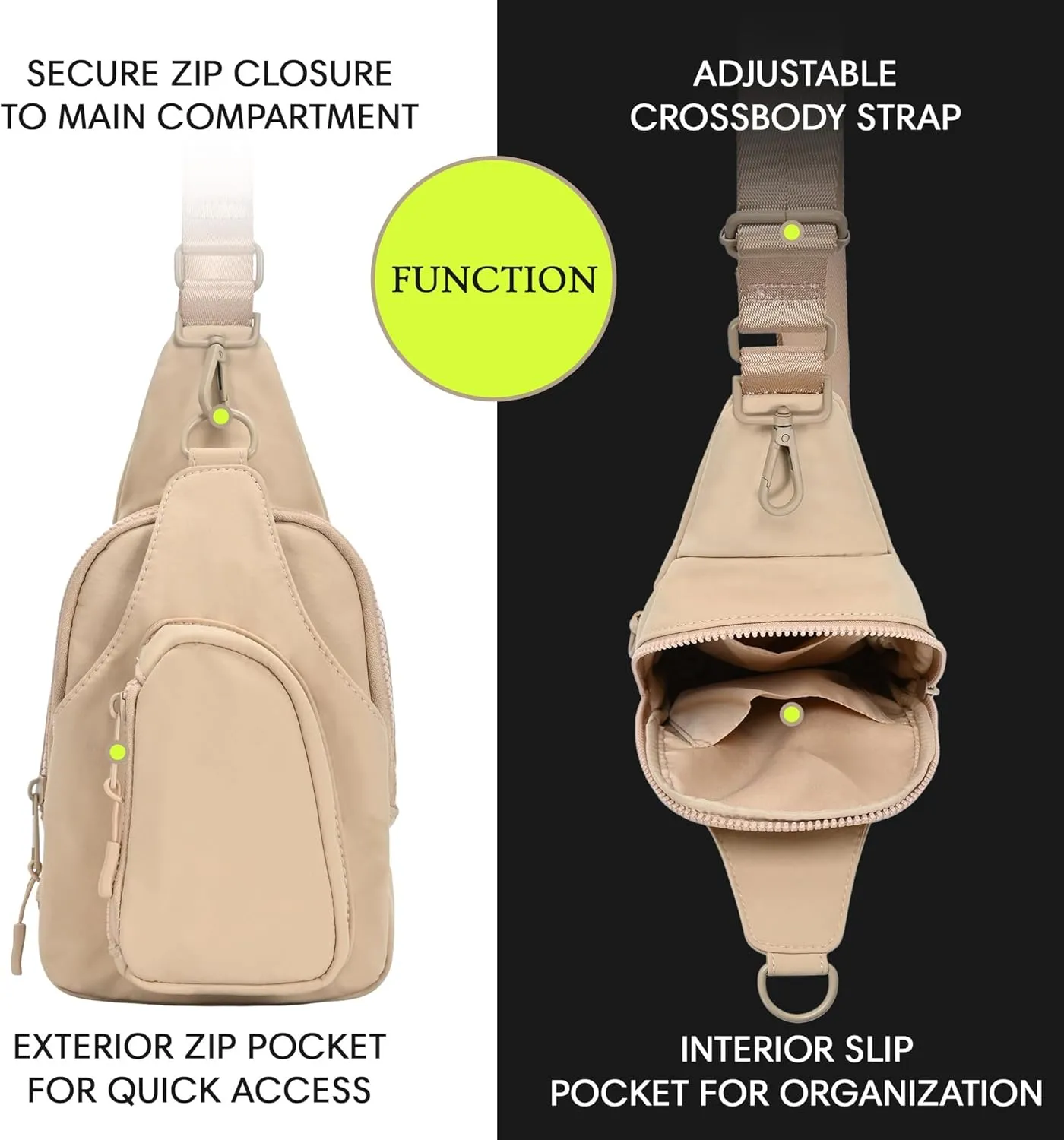 Antik Kraft Tasha Nylon Crossbody Sling (Beige) | Crossbody Bag for Women with 16-20" Strap | Nylon Sling Bag for Women | 7in x 2.5in x 12.5in |