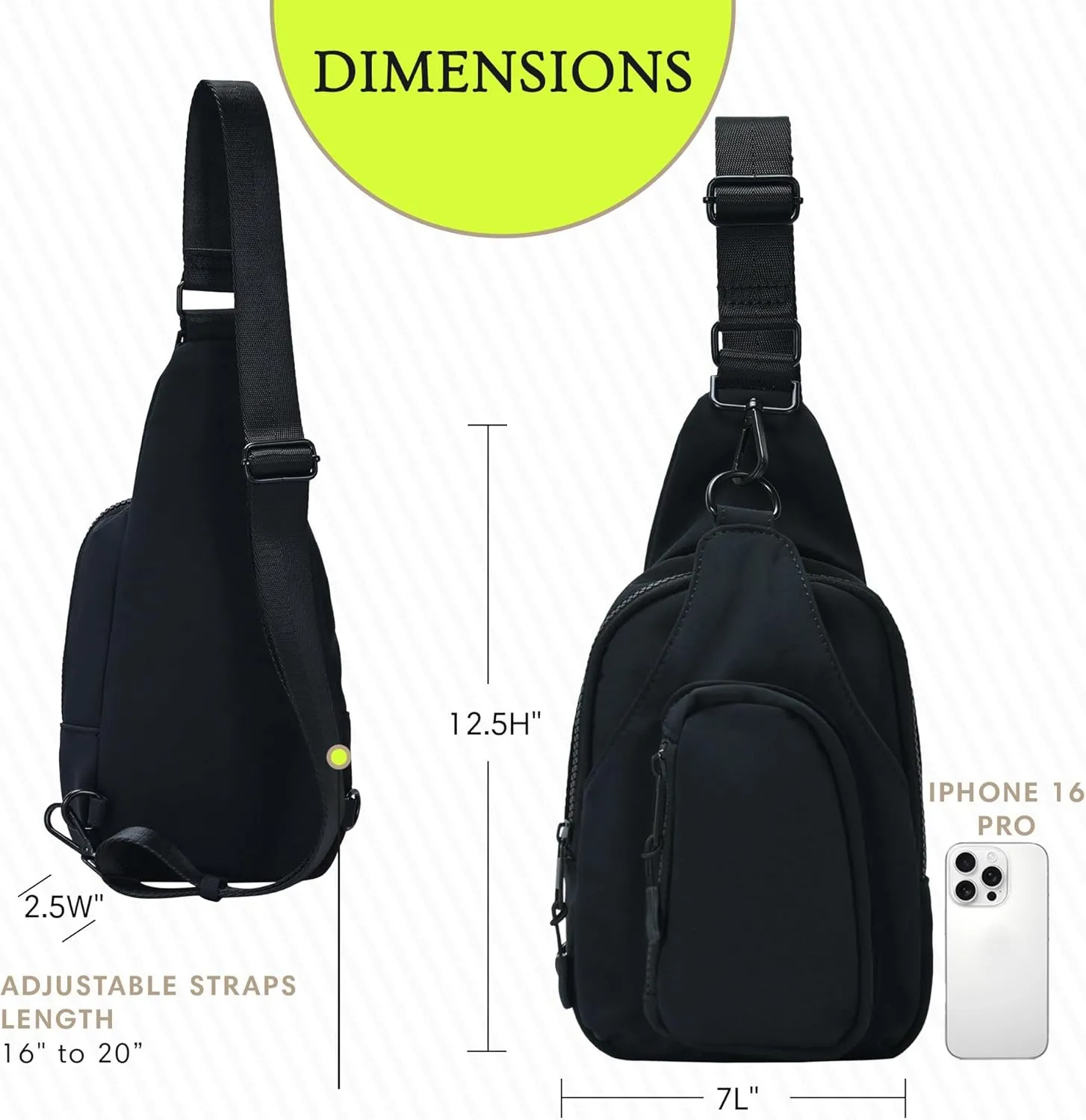 Antik Kraft Tasha Nylon Crossbody Sling (Black) | Crossbody Bag for Women with 16-20" Strap | Nylon Sling Bag for Women | 7in x 2.5in x 12.5in |