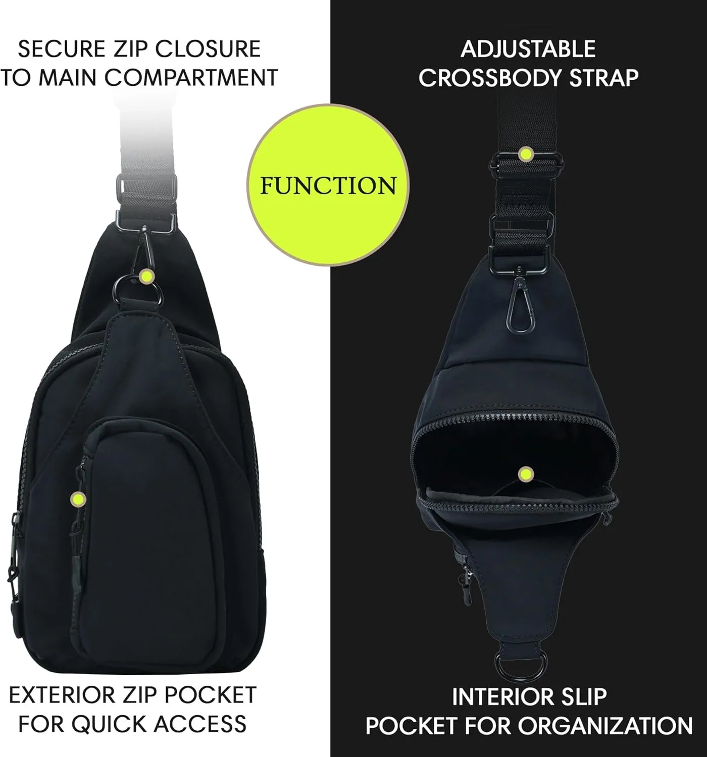 Antik Kraft Tasha Nylon Crossbody Sling (Black) | Crossbody Bag for Women with 16-20" Strap | Nylon Sling Bag for Women | 7in x 2.5in x 12.5in |