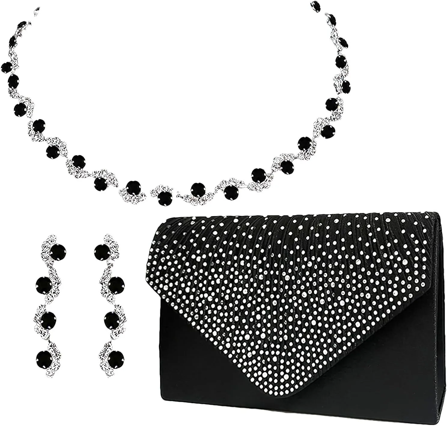 ANUFER Women's 3 Pieces Wave Jewelry and Clutch Purse Set for Wedding Prom Evening Party