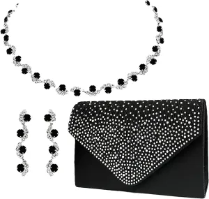 ANUFER Women's 3 Pieces Wave Jewelry and Clutch Purse Set for Wedding Prom Evening Party