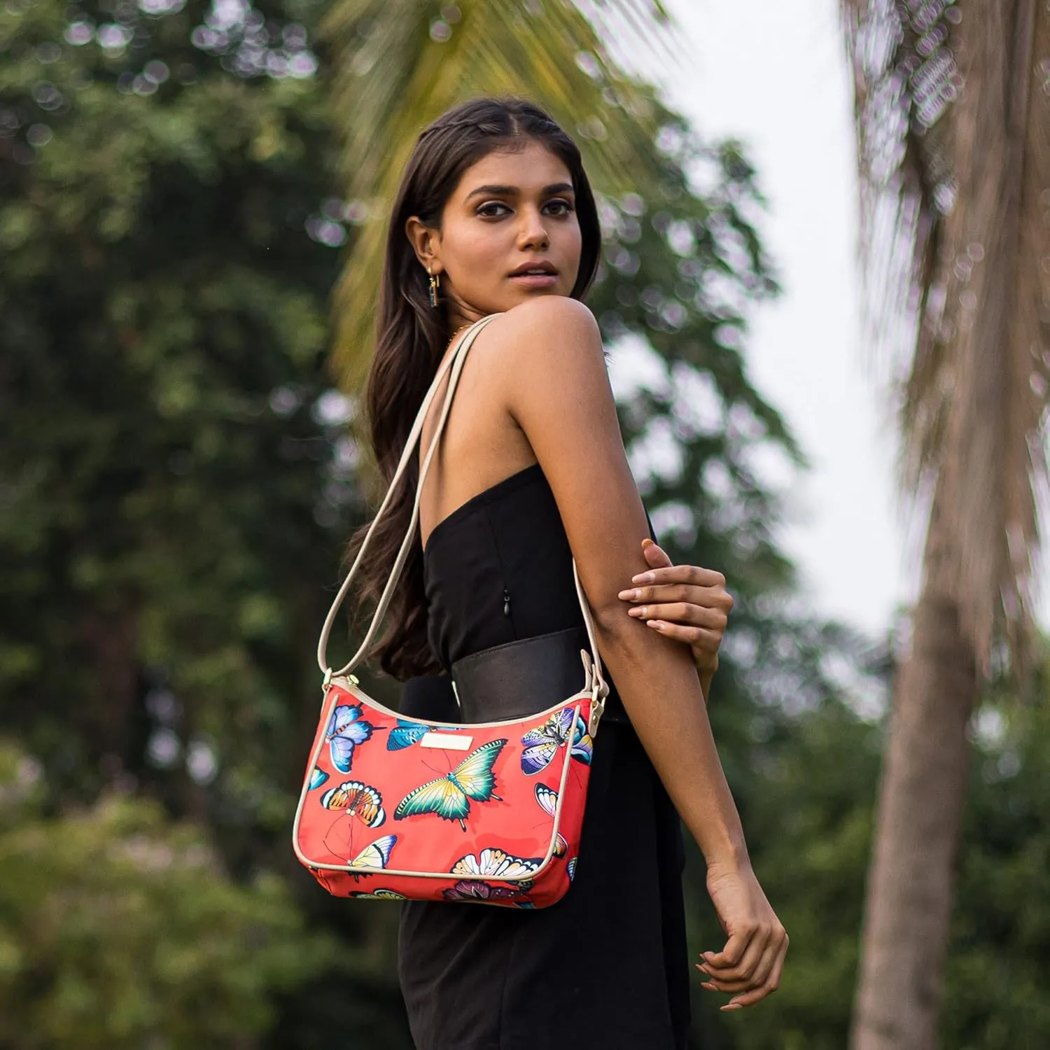 Anuschka East/West Hobo-Wanderlust Collection-Nylon Fabric with Leather Trim and Artwork Print