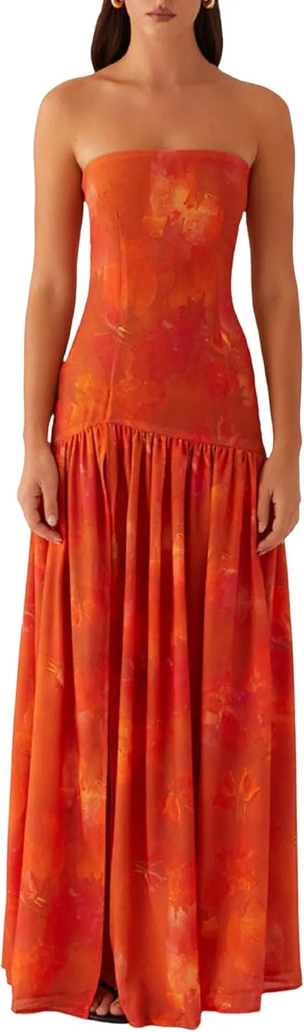 Aonoapll Women Strapless Flowy Maxi Dress Y2k High Slit Long Tube Dress Mesh Patchwork Tube Top Dresses Party Cocktail