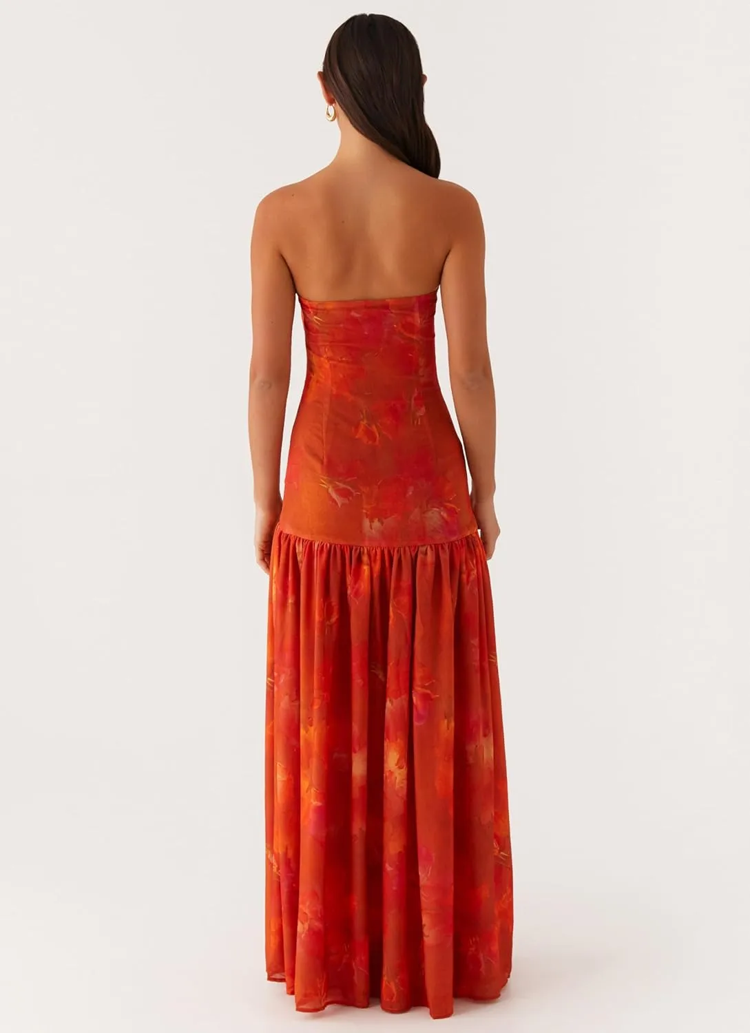 Aonoapll Women Strapless Flowy Maxi Dress Y2k High Slit Long Tube Dress Mesh Patchwork Tube Top Dresses Party Cocktail