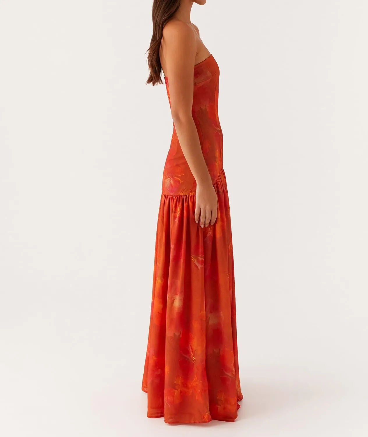 Aonoapll Women Strapless Flowy Maxi Dress Y2k High Slit Long Tube Dress Mesh Patchwork Tube Top Dresses Party Cocktail