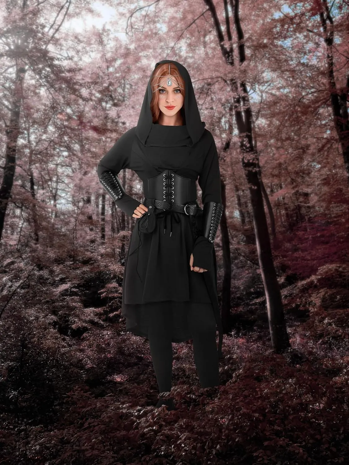 AOTHSO 10 Pcs Women Medieval Renaissance Christmas Halloween Fairy Costumes Set Medieval Hooded Robe Elf Accessories Cosplay