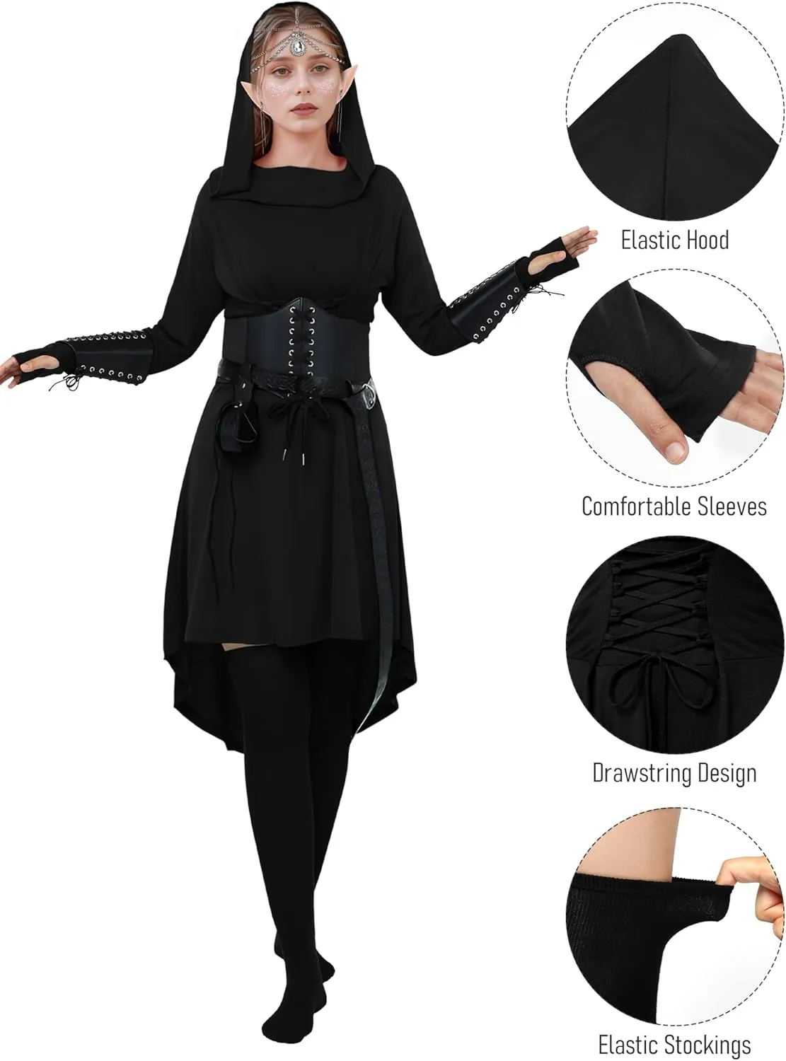 AOTHSO 10 Pcs Women Medieval Renaissance Christmas Halloween Fairy Costumes Set Medieval Hooded Robe Elf Accessories Cosplay