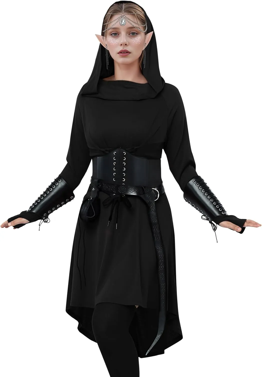 AOTHSO 10 Pcs Women Medieval Renaissance Christmas Halloween Fairy Costumes Set Medieval Hooded Robe Elf Accessories Cosplay