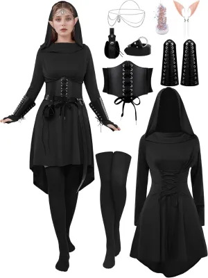 AOTHSO 10 Pcs Women Medieval Renaissance Christmas Halloween Fairy Costumes Set Medieval Hooded Robe Elf Accessories Cosplay