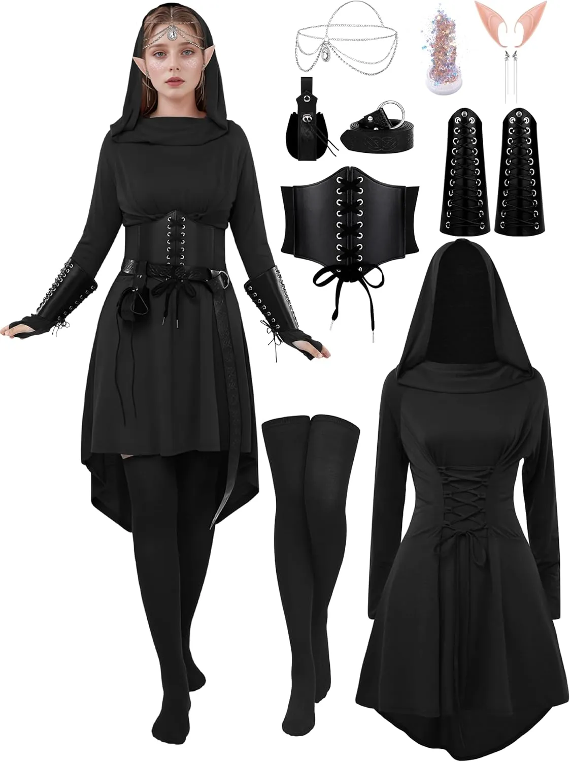 AOTHSO 10 Pcs Women Medieval Renaissance Christmas Halloween Fairy Costumes Set Medieval Hooded Robe Elf Accessories Cosplay