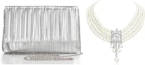BABEYOND Clutch Purses for Women - Evening Bag Pleated Flap Clutch for Formal Party Cocktail Prom Wedding Handbags 1920s Gatsby Pearl Necklace Vintage Bridal Pearl Necklace Earrings Jewelry Set