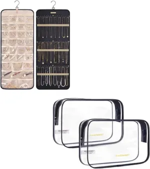 BAGSMART Hanging Jewelry Organizer Storage Roll with Hanger Metal Hooks Double-Sided Jewelry Holder, Clear Toiletry Bag 2 Pack TSA Approved Travel Toiletry bag Quart Size Carry on