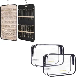 BAGSMART Hanging Jewelry Organizer with Clear Toiletry Bag, 2 Pack TSA Approved Travel Toiletry Bag Carry on Travel Accessories Bag Airport Airline Quart Size Bags