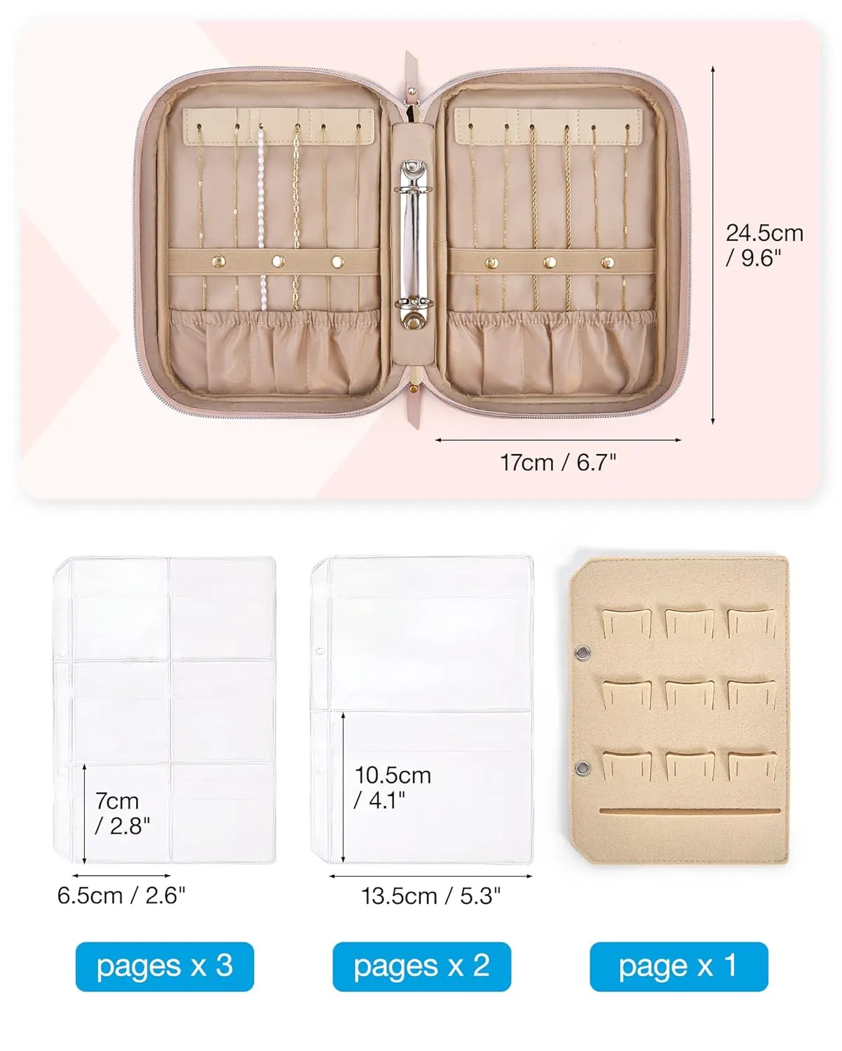BAGSMART Jewelry Travel Organizer Case for Home Jewelry Organizer Storage Ring Binder Jewelry Bags Clear Jewelry Rolls Zipper Pouch Bag for Necklaces, Earrings, Rings, Bracelets, Pink