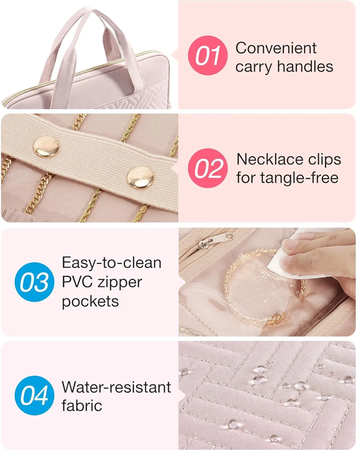 BAGSMART Travel Jewelry Case, Hanging Roll Jewelry Bag with Zipper Pockets Jewelry from Oxidation, Large Capacity for Earrings, Necklaces, Rings on Closet, Wall, Door, Portable Travel Essentials, Pink