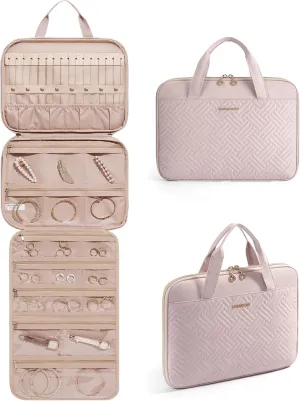 BAGSMART Travel Jewelry Case, Hanging Roll Jewelry Bag with Zipper Pockets Jewelry from Oxidation, Large Capacity for Earrings, Necklaces, Rings on Closet, Wall, Door, Portable Travel Essentials, Pink