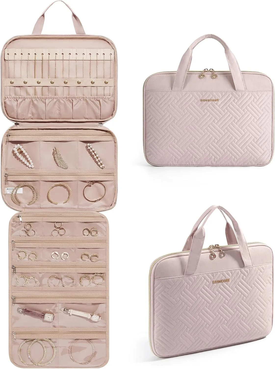 BAGSMART Travel Jewelry Case, Hanging Roll Jewelry Bag with Zipper Pockets Jewelry from Oxidation, Large Capacity for Earrings, Necklaces, Rings on Closet, Wall, Door, Portable Travel Essentials, Pink