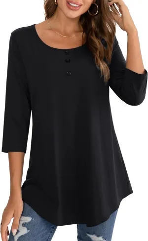 BAISHENGGT Women's 3/4 Sleeve Tunic Tops Floral Print Casual Flare Swing Blouse Buttons Up T Shirts