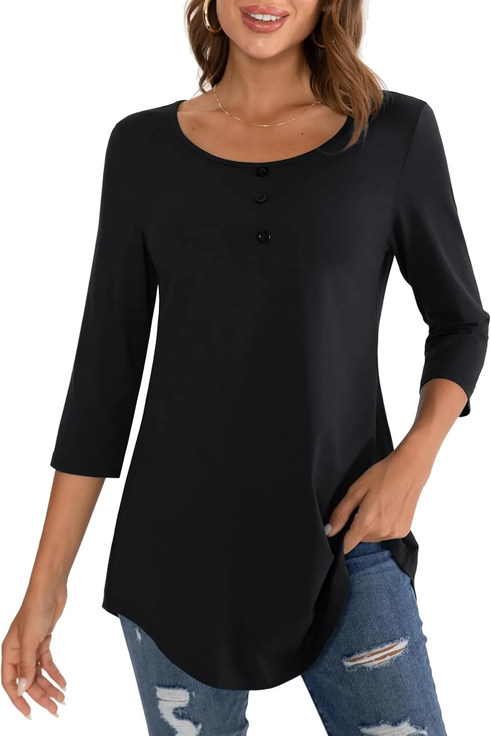 BAISHENGGT Women's 3/4 Sleeve Tunic Tops Floral Print Casual Flare Swing Blouse Buttons Up T Shirts