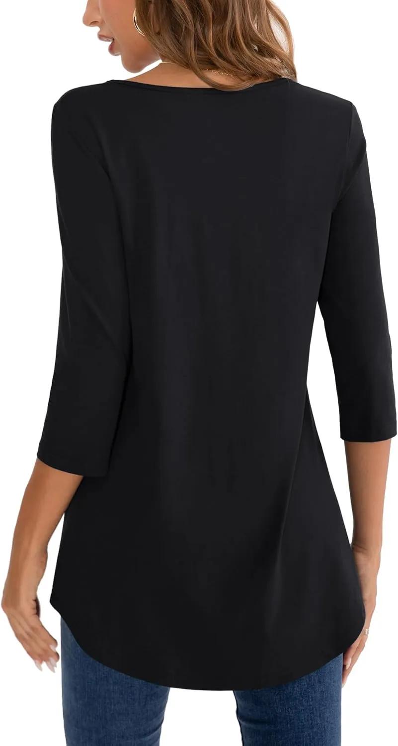 BAISHENGGT Women's 3/4 Sleeve Tunic Tops Floral Print Casual Flare Swing Blouse Buttons Up T Shirts