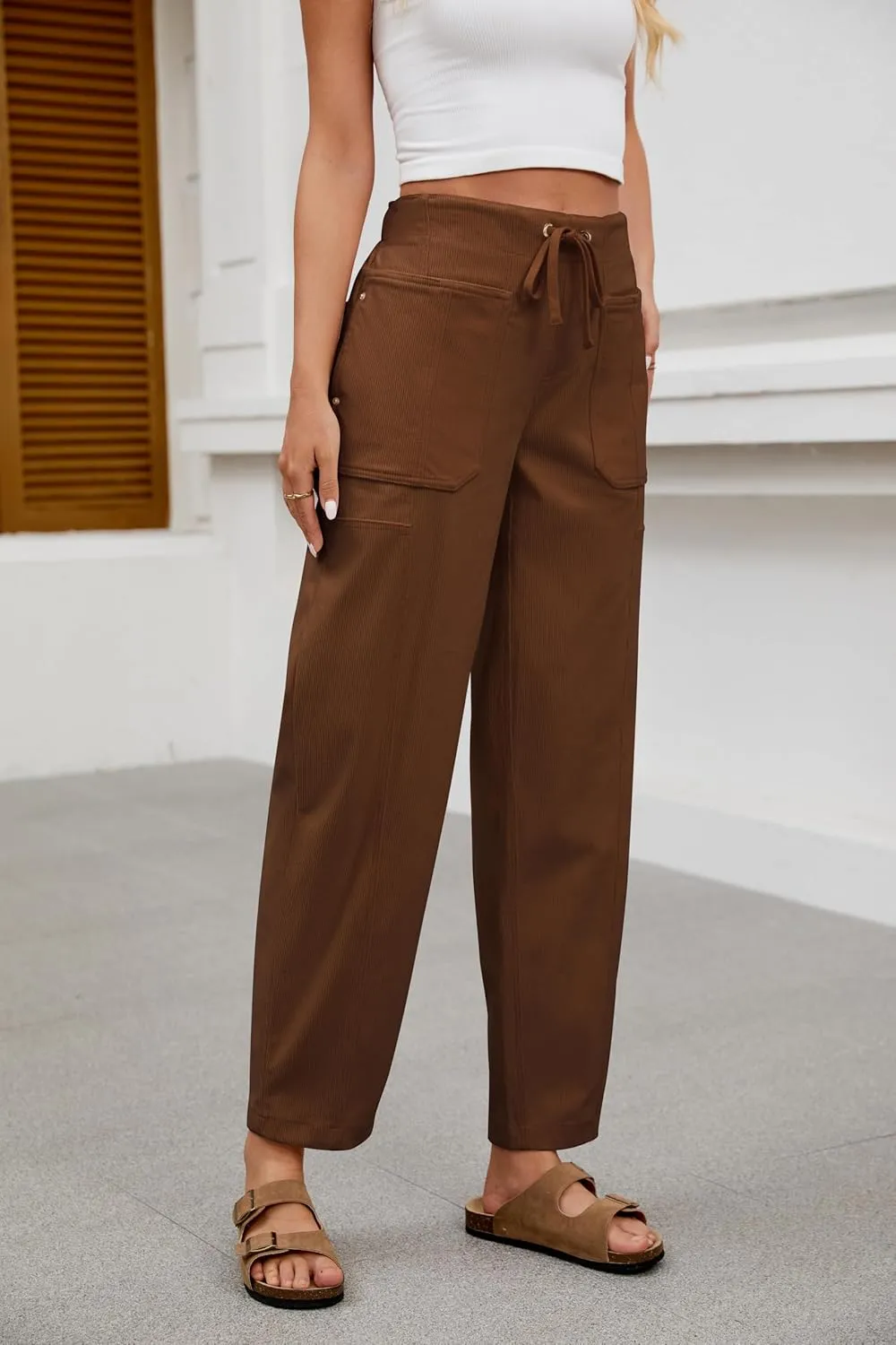 Barrel Pants for Women High Waisted Corduroy Drawstring Elastic Waist Loose Casual Wide Leg Trousers Pants