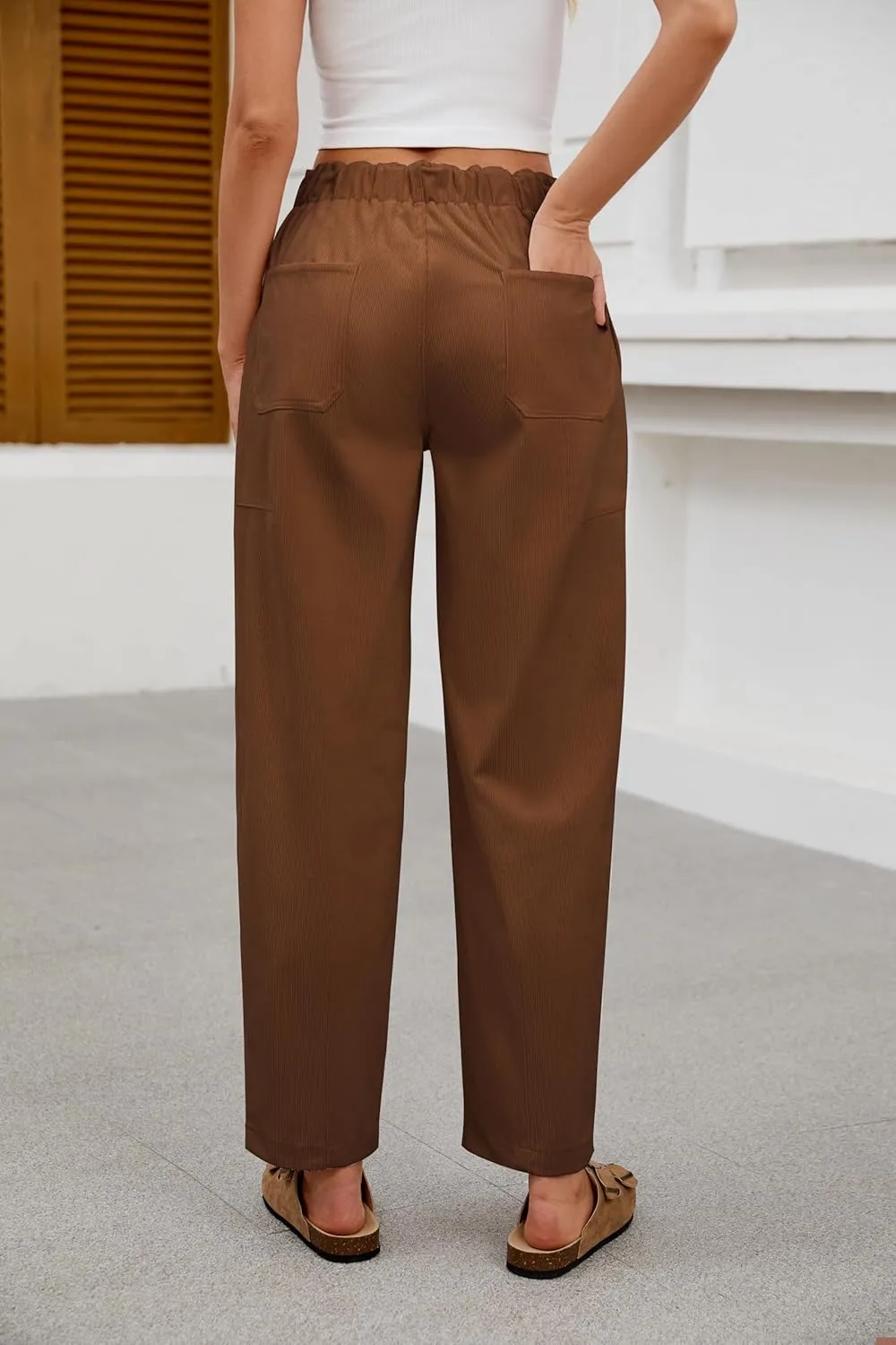 Barrel Pants for Women High Waisted Corduroy Drawstring Elastic Waist Loose Casual Wide Leg Trousers Pants