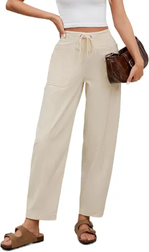 Barrel Pants for Women High Waisted Corduroy Drawstring Elastic Waist Loose Casual Wide Leg Trousers Pants