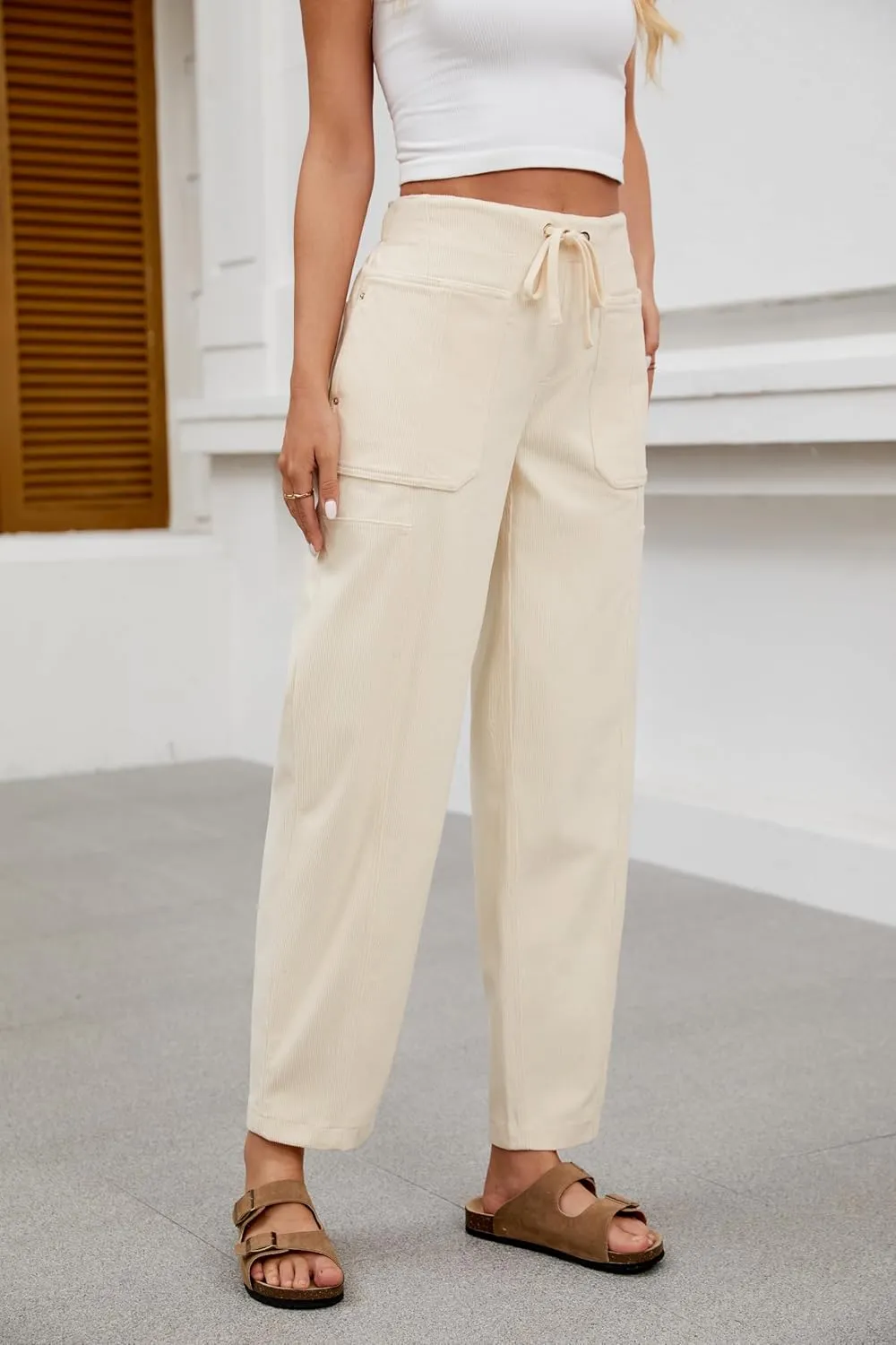 Barrel Pants for Women High Waisted Corduroy Drawstring Elastic Waist Loose Casual Wide Leg Trousers Pants