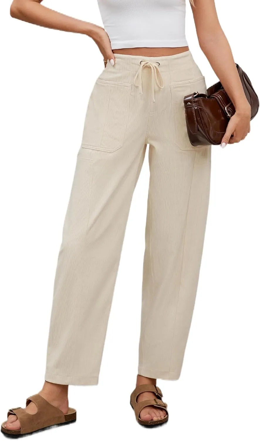 Barrel Pants for Women High Waisted Corduroy Drawstring Elastic Waist Loose Casual Wide Leg Trousers Pants