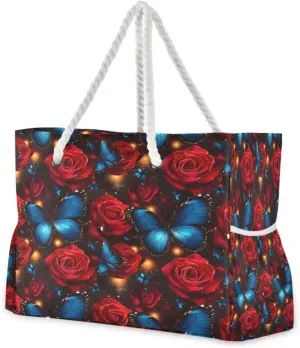 Beach Bag - Large Tote Bags for Women Blue Butterfly Red Rose Pattern Shoulder Bags Zipper Waterproof Sandproof for Travel Gym Swim Daily