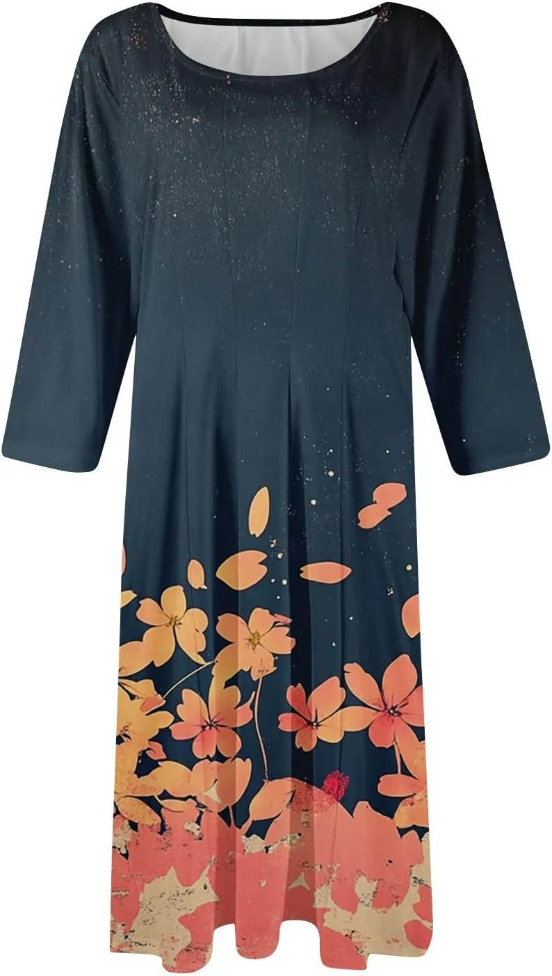 Beach Dresses for Women Summer 3/4 Sleeve Wrap Dress High Waist Plus Size Floral Dress Spring Flowy Dress with Pocket