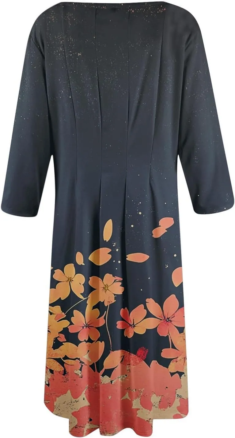 Beach Dresses for Women Summer 3/4 Sleeve Wrap Dress High Waist Plus Size Floral Dress Spring Flowy Dress with Pocket