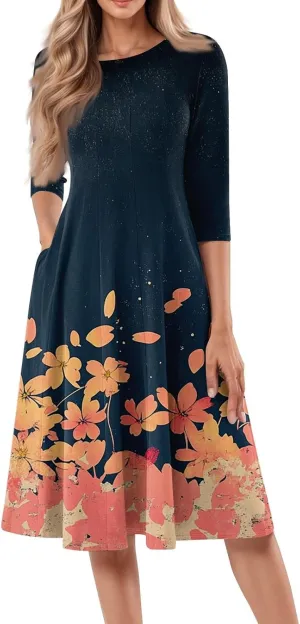 Beach Dresses for Women Summer 3/4 Sleeve Wrap Dress High Waist Plus Size Floral Dress Spring Flowy Dress with Pocket