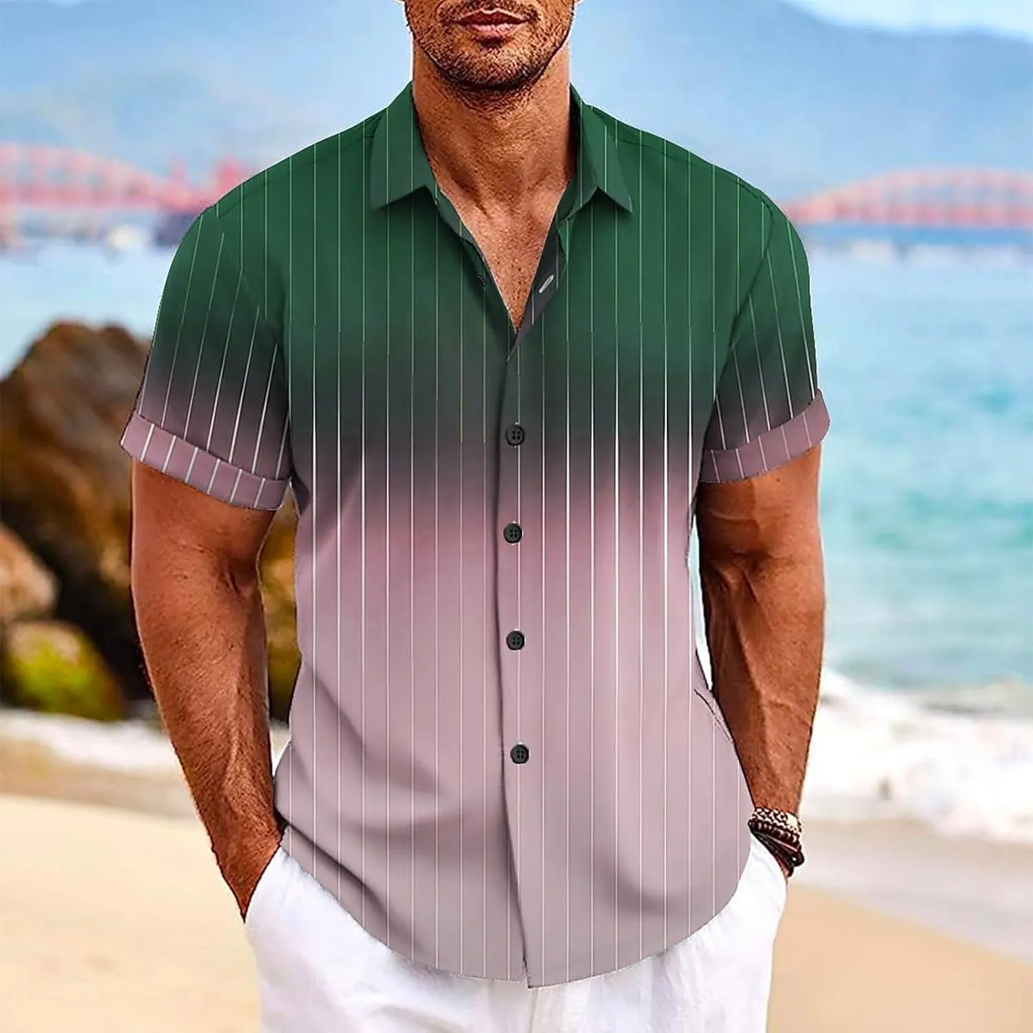 Beach Shirts Button Up Shirt for Men Stripes Short Sleeve Gradient Funny Hawaiian Shirts