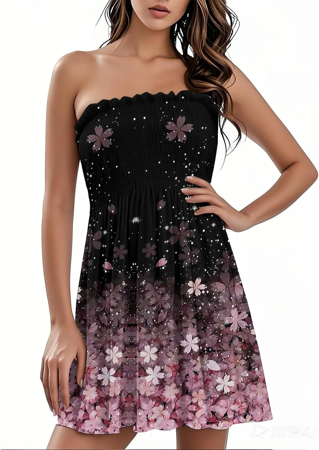 Beach Vacation Mini Dress for Women Sexy Strapless Tube Sundress Bohemian Floral Print Color Block A Line Dresses