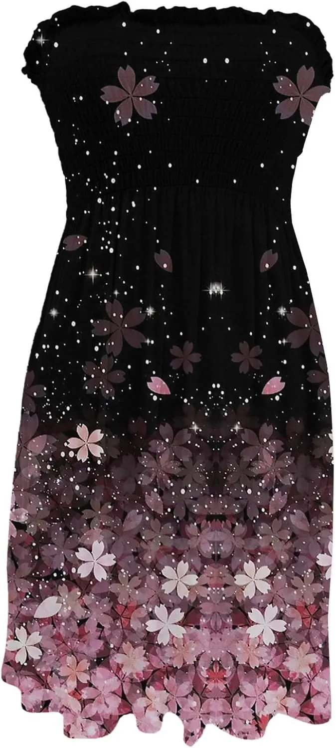 Beach Vacation Mini Dress for Women Sexy Strapless Tube Sundress Bohemian Floral Print Color Block A Line Dresses