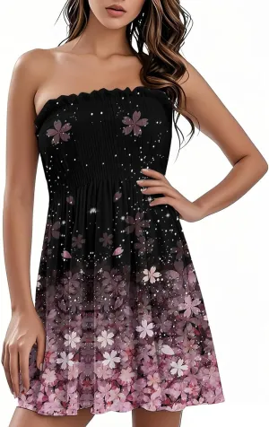 Beach Vacation Mini Dress for Women Sexy Strapless Tube Sundress Bohemian Floral Print Color Block A Line Dresses