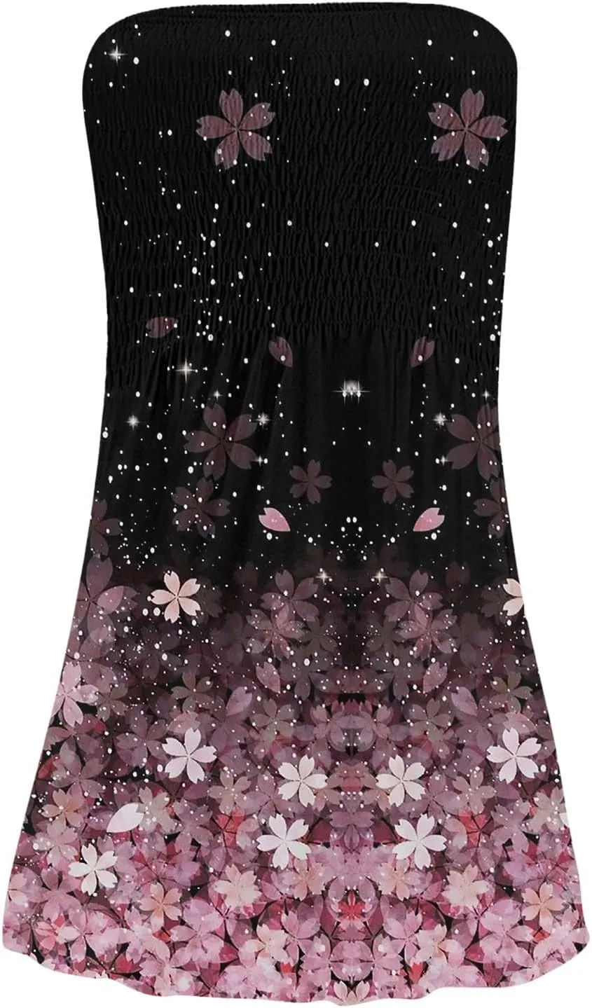 Beach Vacation Mini Dress for Women Sexy Strapless Tube Sundress Bohemian Floral Print Color Block A Line Dresses