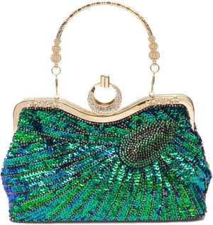 Beaded Sequin Peacock Evening Clutch Bags Sparkly Bride Wedding Party Purses for Women