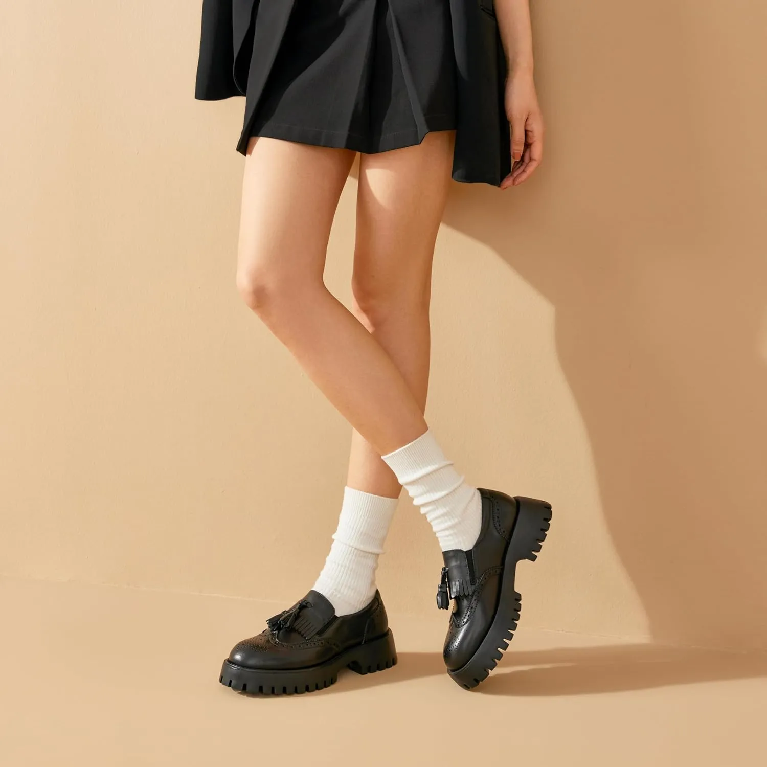 BEAU TODAY Chunky Loafers for Women, Women??s Leather Platform Loafers, Lug Sole Tassel Slip On Loafers Shoes Brogues Wingtip Casual Business Shoes Comfortable Dressy