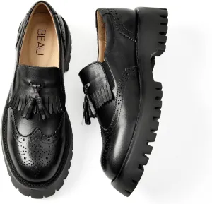 BEAU TODAY Chunky Loafers for Women, Women??s Leather Platform Loafers, Lug Sole Tassel Slip On Loafers Shoes Brogues Wingtip Casual Business Shoes Comfortable Dressy