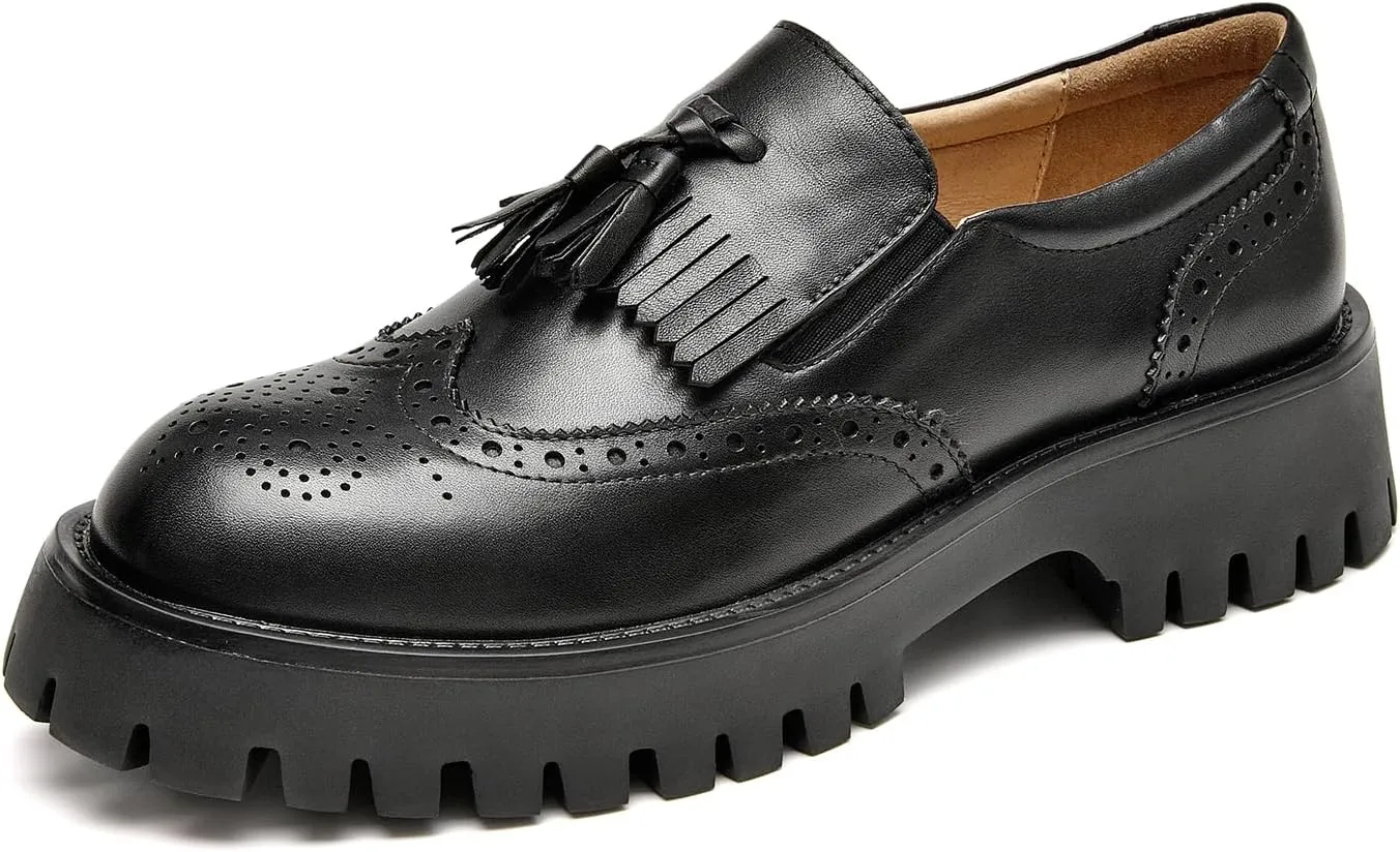 BEAU TODAY Chunky Loafers for Women, Women??s Leather Platform Loafers, Lug Sole Tassel Slip On Loafers Shoes Brogues Wingtip Casual Business Shoes Comfortable Dressy