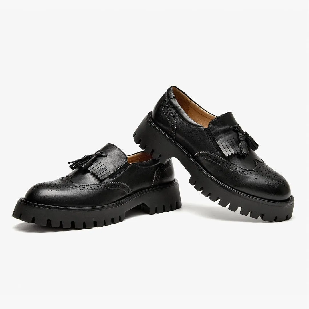 BEAU TODAY Chunky Loafers for Women, Women??s Leather Platform Loafers, Lug Sole Tassel Slip On Loafers Shoes Brogues Wingtip Casual Business Shoes Comfortable Dressy