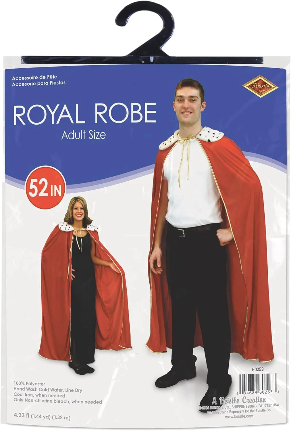 Beistle Regal Adult Size Red King/Queen Robe Mardi Gras Cape Costume Accessories, 52", Multicolor