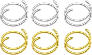 BESPORTBLE Elegant Gold Nose Hoop 6 Piece Set Stainless Steel Spiral Nose Rings for Women Pain- Wear