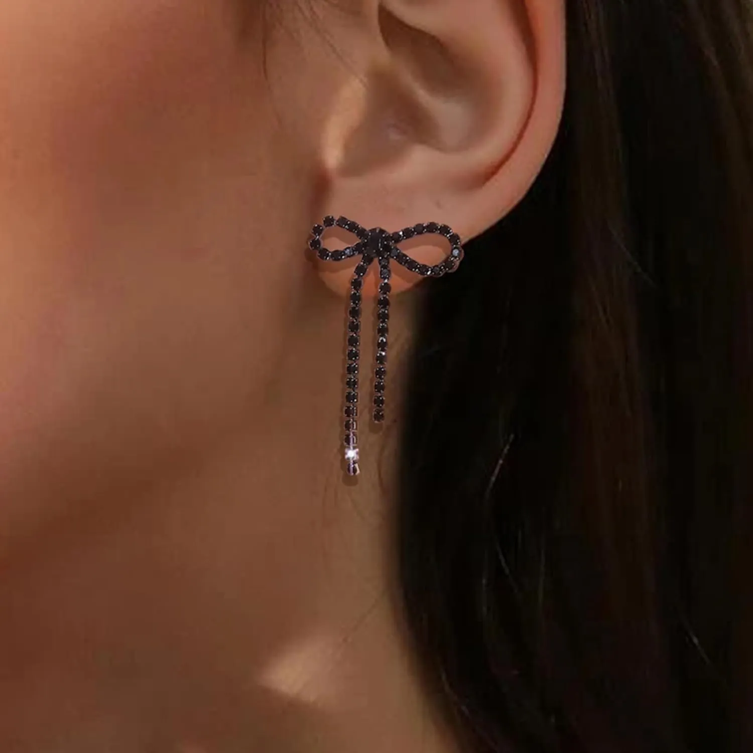 Black Bow Earrings for Women Trendy Black Earrings Rhinestone Dangling Sparkly Wedding Earings for Brides Bow Jewelry